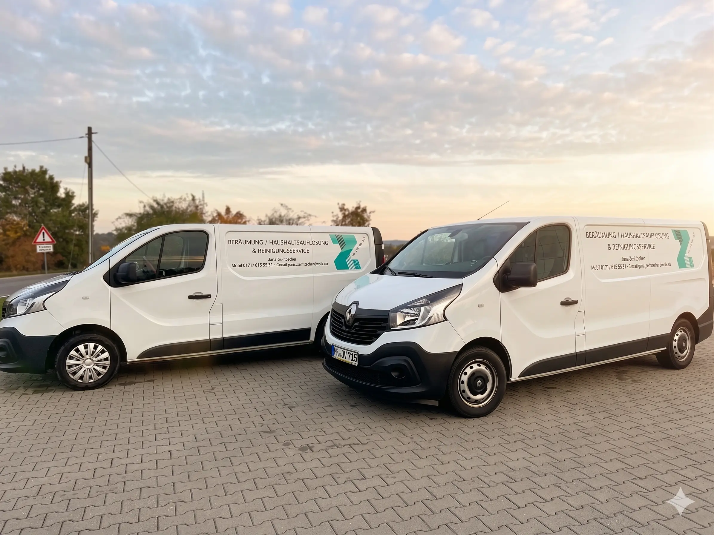 Zwei weiße Transporter mit Aufschrift "Räumung, Haushaltsauflösung & Reinigungsservice" nebeneinander geparkt im Abendlicht — der Fuhrpark von Jana Zwinzscher.